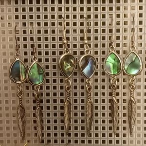 Abalone shell colored earring with feather.